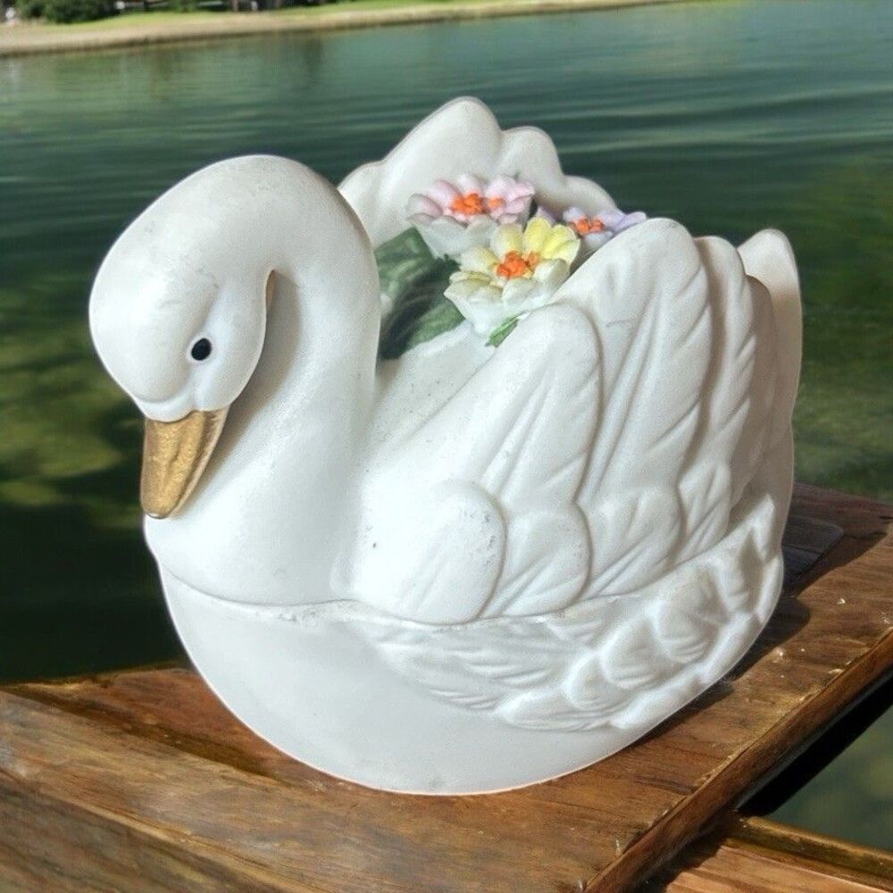 Lefton Swan Vintage Trinket Box China Bisque Porcelain W/ Flowers Hand painted